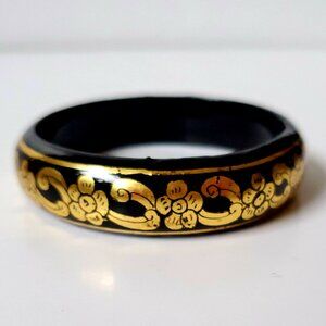 Artisan Hand Painted Black Lacquered Bangle Gold Scroll Floral Motifs Folk Art